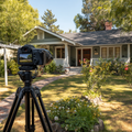 DSLR on tripod photographing front exterior of a Craftsman-style home—listing media day in Los Angeles, CA