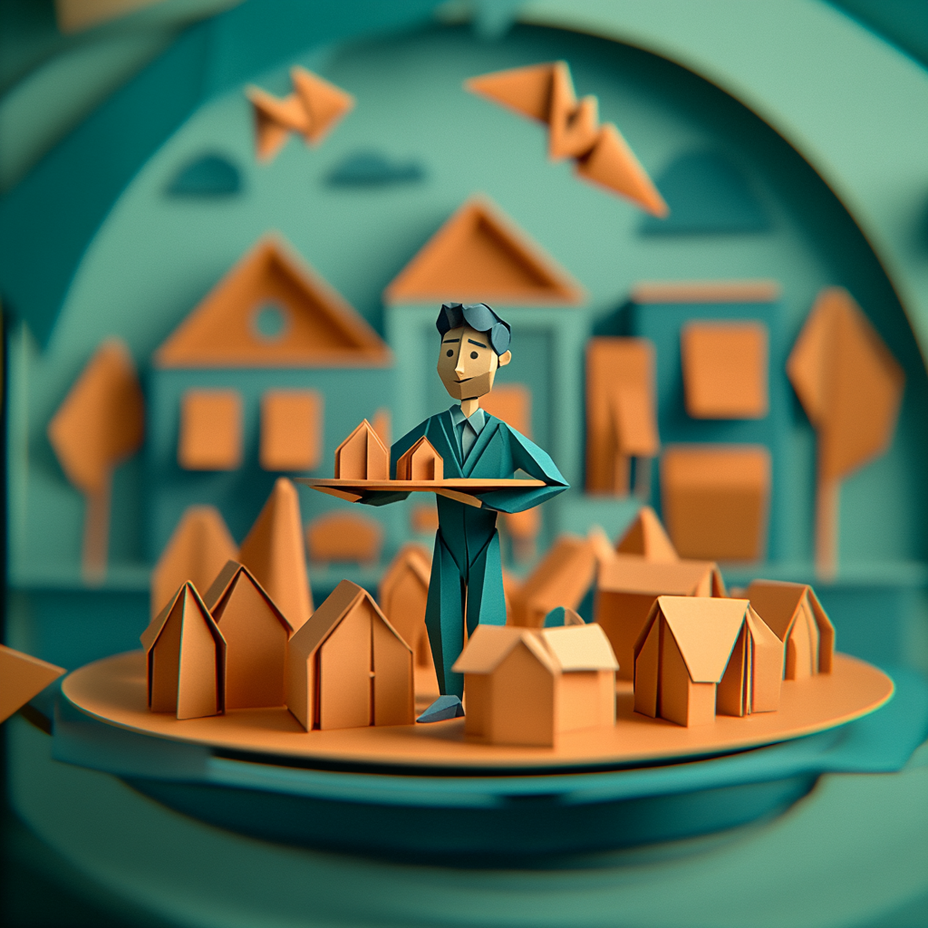 Man holding a tray with miniature houses and trees against a teal background