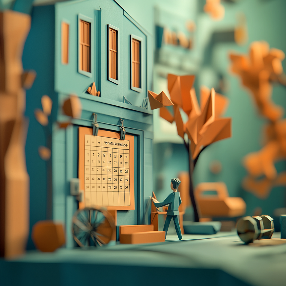 Miniature scene with a building, calendar, and person in an autumn setting