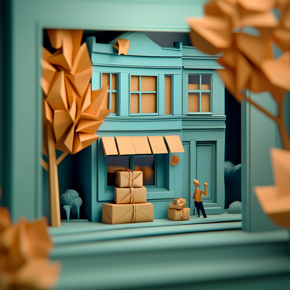 Miniature model of a building with a person and boxes, framed by paper trees.