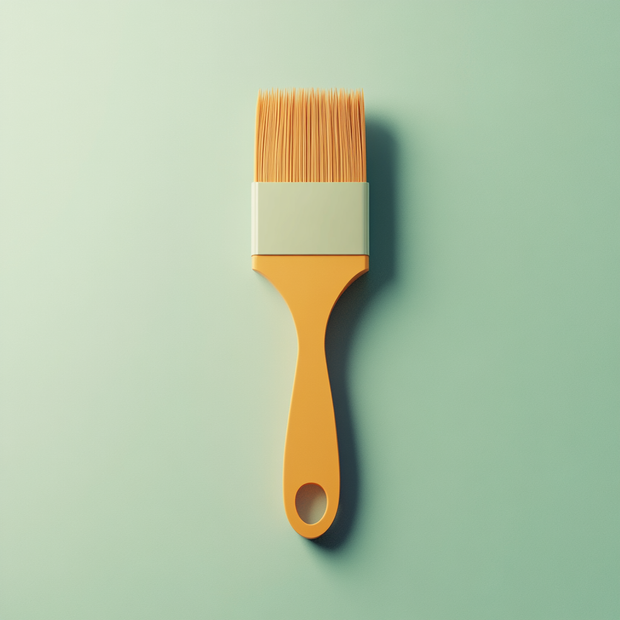Paint brush with a yellow handle and wooden bristles on a light green background
