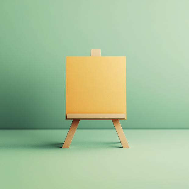 Yellow canvas on a wooden easel against a green background