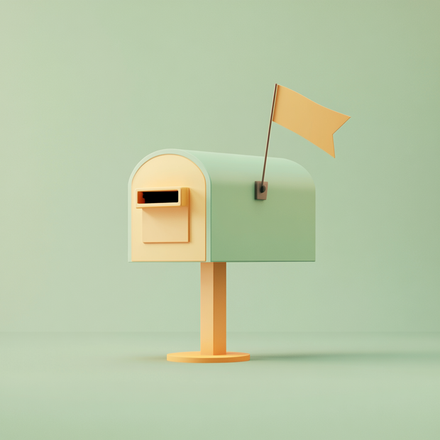 Colorful mailbox with a yellow flag on a light green background