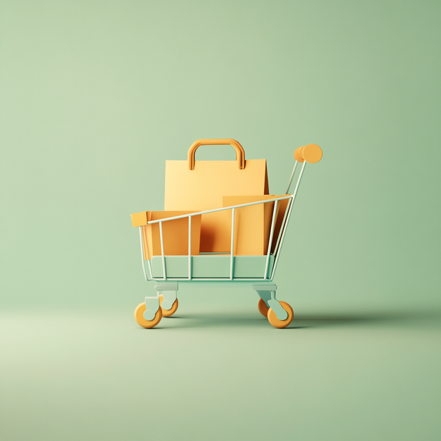 Small shopping cart with a cardboard box on a light green background