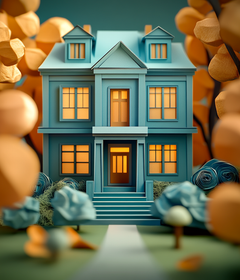 Toy house with glowing windows surrounded by autumn leaves