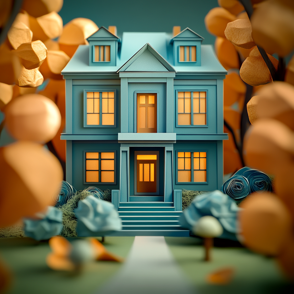 Toy house with glowing windows surrounded by autumn leaves