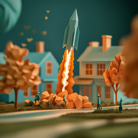 Toy rocket launching in front of a small town with houses and trees.