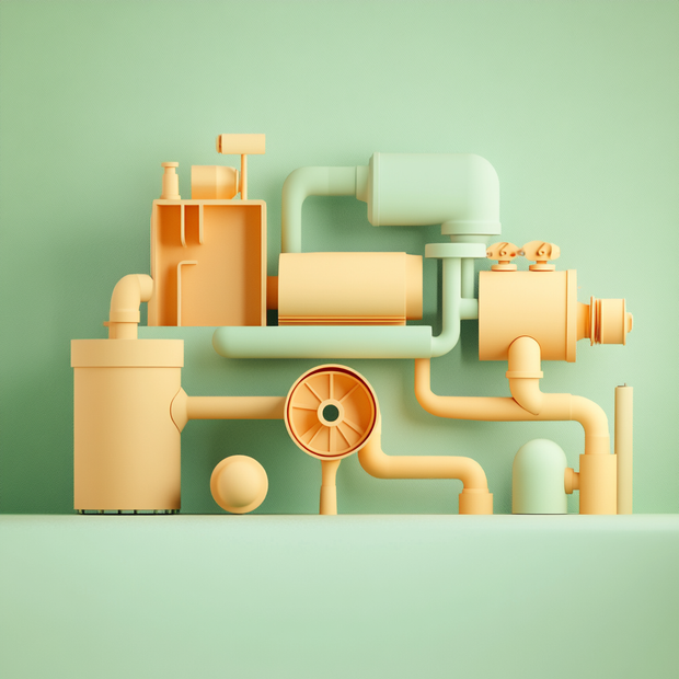 Colorful 3D pipes and mechanical parts on a green background