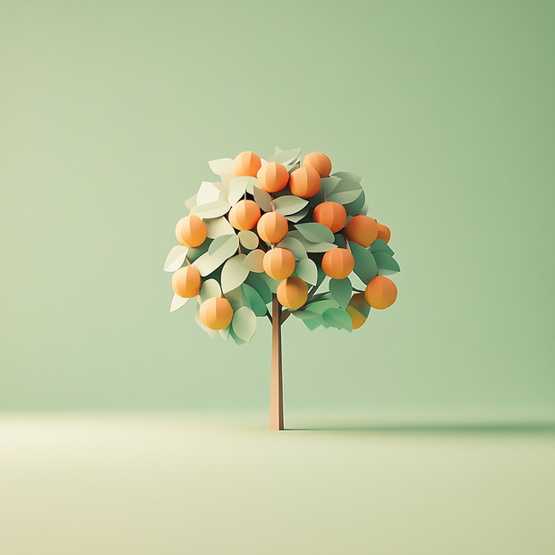 Illustration of a tree with oranges on a light green background