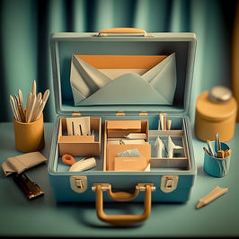 Open suitcase with various items including envelopes and stationery on a teal background