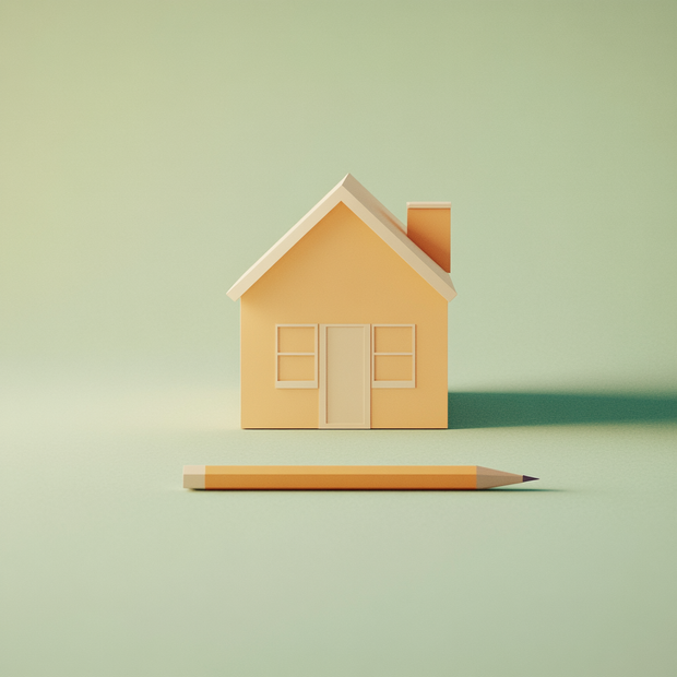 Small model house and pencil on a light green background