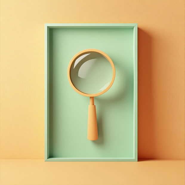 Yellow magnifying glass in a green box on a two-tone yellow background