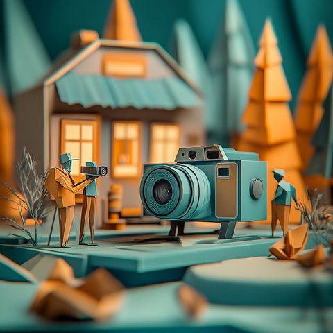 Illustration of a large camera in a stylized town setting with buildings and trees.