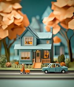 Miniature model of a house with trees and a car in front, set against a blue sky.