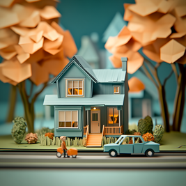 Miniature model of a house with trees and a car in front, set against a blue sky.