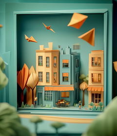 Illustration of a quaint town scene with buildings and people, framed by decorative elements.