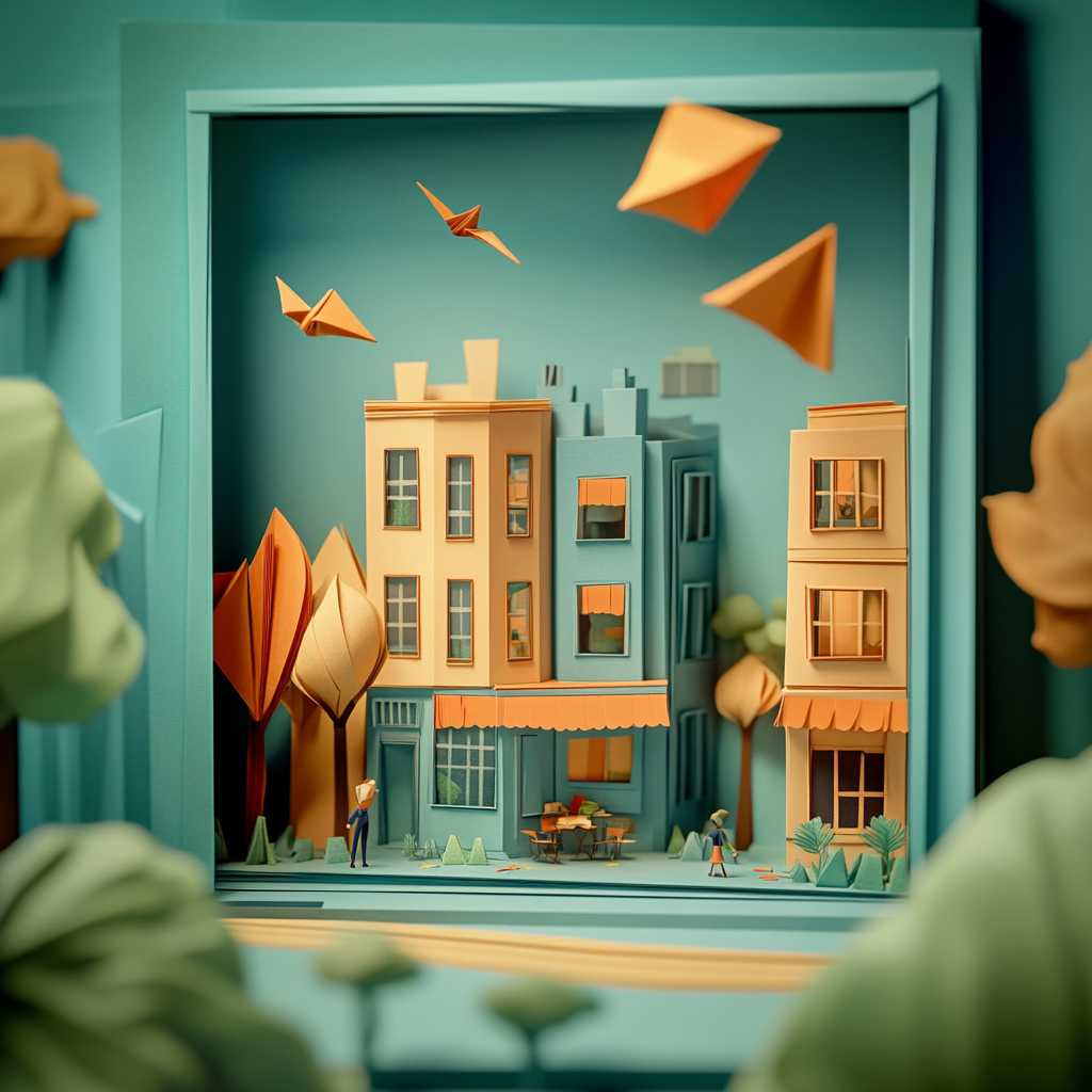 Illustration of a quaint town scene with buildings and people, framed by decorative elements.