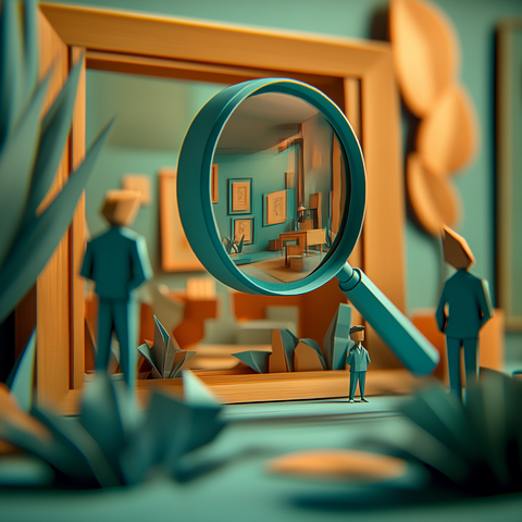 Miniature room with a magnifying glass focusing on a mirror reflecting another room.