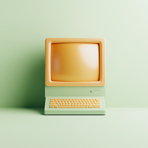 Vintage computer with a pastel green base and orange screen on a matching background